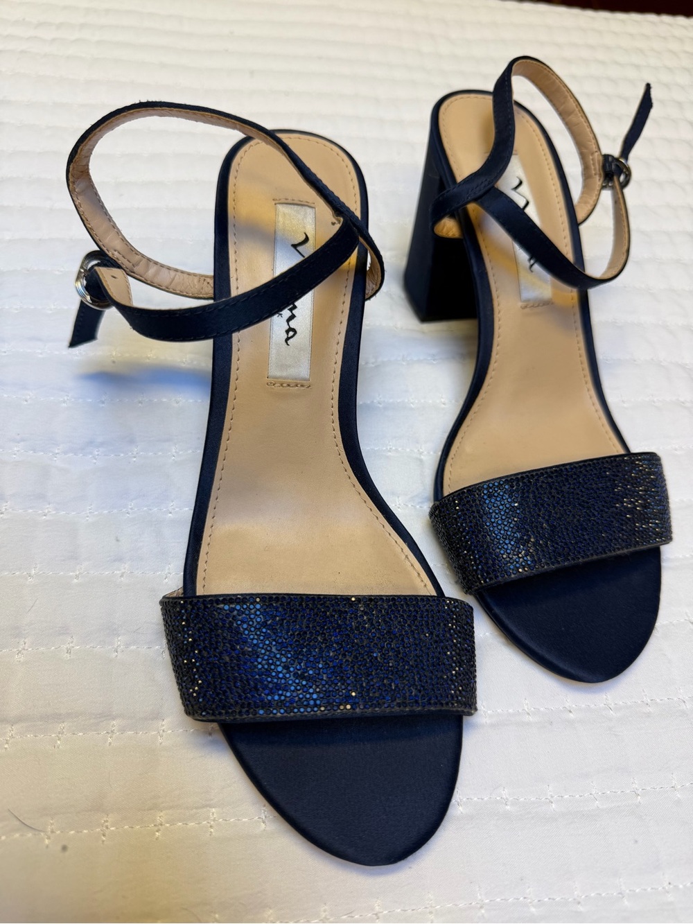 Nina New York Dark Blue Glitter Block Heel Sandals with Ankle Strap